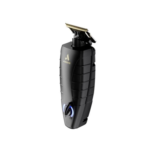 “Andis GTX‑EXO trimmer 74150 in black on charging stand, showing gold T‑blade and ergonomic handle” “GTX‑EXO cordless trimmer highlighting blade and charging dock accessories”