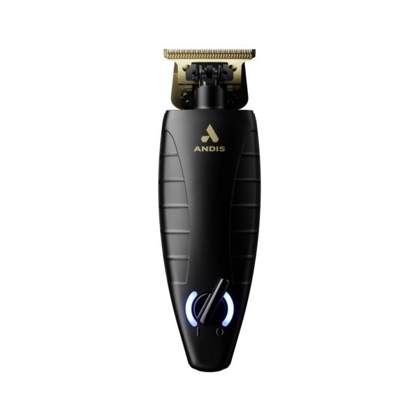 “Andis GTX‑EXO trimmer 74150 in black on charging stand, showing gold T‑blade and ergonomic handle” “GTX‑EXO cordless trimmer highlighting blade and charging dock accessories”