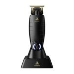 “Andis GTX‑EXO trimmer 74150 in black on charging stand, showing gold T‑blade and ergonomic handle” “GTX‑EXO cordless trimmer highlighting blade and charging dock accessories”