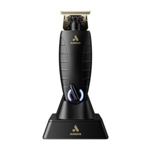 “Andis GTX‑EXO trimmer 74150 in black on charging stand, showing gold T‑blade and ergonomic handle” “GTX‑EXO cordless trimmer highlighting blade and charging dock accessories”