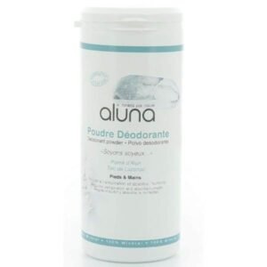 Product Image (Jar of Poudre Déodorante): "A glass jar of natural deodorant powder labeled 'Poudre Déodorante', placed on a minimalist bathroom shelf." Texture Close-up: "Close-up of a silky, white powder being gently poured into a ceramic dish." Lifestyle Shot (Application): "A woman applying deodorant powder to her underarm using a soft puff, in a softly lit, clean bathroom." Ingredients Flat Lay: "Flat lay of natural deodorant ingredients including arrowroot, baking soda, and lavender flowers on a white background."