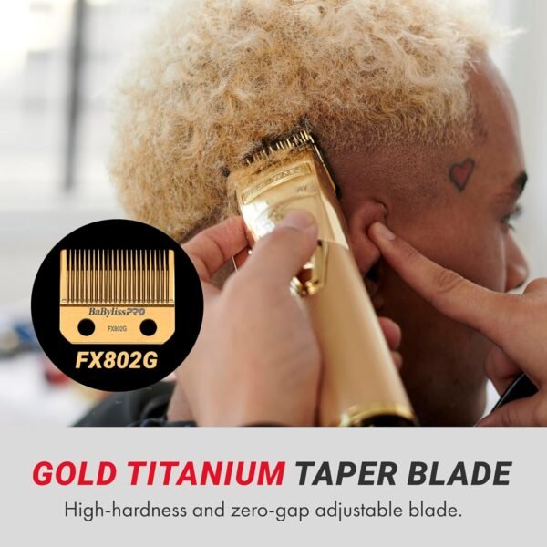 BaBylissPRO® GoldFX FX870G Cord/Cordless Lithium‑Ion Hair Clipper – metal housing, DLC titanium taper blade, adjustable taper lever, 8 guide combs included.