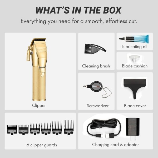 BaBylissPRO® GoldFX FX870G Cord/Cordless Lithium‑Ion Hair Clipper – metal housing, DLC titanium taper blade, adjustable taper lever, 8 guide combs included.