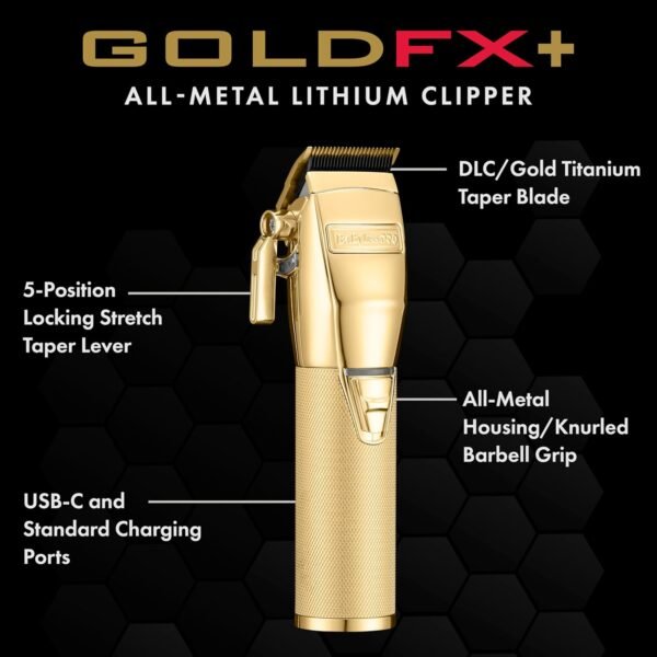 BaBylissPRO® GoldFX FX870G Cord/Cordless Lithium‑Ion Hair Clipper – metal housing, DLC titanium taper blade, adjustable taper lever, 8 guide combs included.