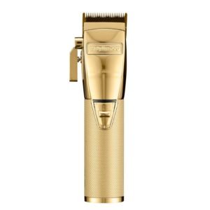 BaBylissPRO® GoldFX FX870G Cord/Cordless Lithium‑Ion Hair Clipper – metal housing, DLC titanium taper blade, adjustable taper lever, 8 guide combs included.