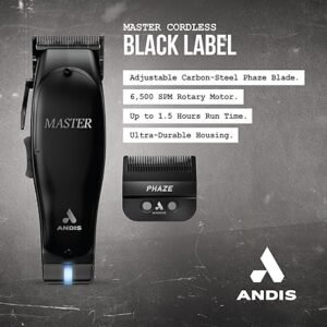 "Andis 561895 Master Cordless Li Clipper Black professional hair clipper" "Andis Master Cordless Li Black adjustable blade hair clipper" "Andis 561895 cordless clipper with lithium-ion battery" Andis Master Cordless Li Clipper in sleek black aluminum housing"