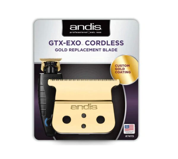 "Andis GTX-EXO Cordless Replacement Blade Gold 74115 professional trimmer blade" "Andis Gold GTX-Z T-blade replacement for GTX-EXO cordless trimmer" "Andis 74115 deep-tooth gold trimmer blade for professional barbers" "Andis GTX-EXO replacement gold titanium blade zero-gap adjustable"