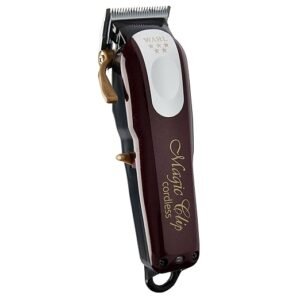 “Wahl 5-Star Cordless Magic Clip 8148 with bonus burgundy neck duster” “Close-up of Wahl Magic Clip 8148 stagger-tooth fade blade” “Wahl burgundy Magic Clip cordless professional barber clipper set” “Wahl Magic Clip 5-Star cord/cordless clipper with accessories”