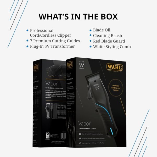 “Wahl 3026480 Vapor Cordless Clipper with F32 FadeOut Blade” “Close-up of Wahl F32 FadeOut Blade on Vapor cordless clipper” “Wahl Vapor cordless professional barber clipper new model” “Wahl FadeOut Blade seamless blending clipper for barbers”