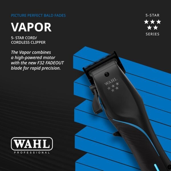 “Wahl 3026480 Vapor Cordless Clipper with F32 FadeOut Blade” “Close-up of Wahl F32 FadeOut Blade on Vapor cordless clipper” “Wahl Vapor cordless professional barber clipper new model” “Wahl FadeOut Blade seamless blending clipper for barbers”