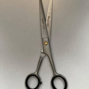7-inch-professional-barber-scissors-stainless-steel-razor-edge.jpg  "Close-up of professional 7-inch barber scissors with silver stainless steel blades and an ergonomic offset handle."  barber-using-7-inch-shears-for-scissor-over-comb.jpg "Professional barber performing a scissor-over-comb technique using 7-inch hair cutting shears."  razor-edge-hollow-ground-blade-detail.jpg "Macro shot of the hand-honed razor edge on high-carbon steel barber scissors."