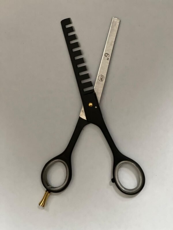7-inch-professional-barber-scissors-stainless-steel-razor-edge.jpg  "Close-up of professional 7-inch barber scissors with silver stainless steel blades and an ergonomic offset handle."  barber-using-7-inch-shears-for-scissor-over-comb.jpg "Professional barber performing a scissor-over-comb technique using 7-inch hair cutting shears."  razor-edge-hollow-ground-blade-detail.jpg "Macro shot of the hand-honed razor edge on high-carbon steel barber scissors."