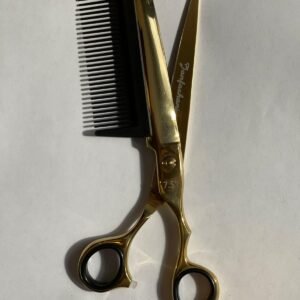 7-inch-professional-barber-scissors-stainless-steel-razor-edge.jpg "Close-up of professional 7-inch barber scissors with silver stainless steel blades and an ergonomic offset handle." barber-using-7-inch-shears-for-scissor-over-comb.jpg "Professional barber performing a scissor-over-comb technique using 7-inch hair cutting shears." razor-edge-hollow-ground-blade-detail.jpg "Macro shot of the hand-honed razor edge on high-carbon steel barber scissors."