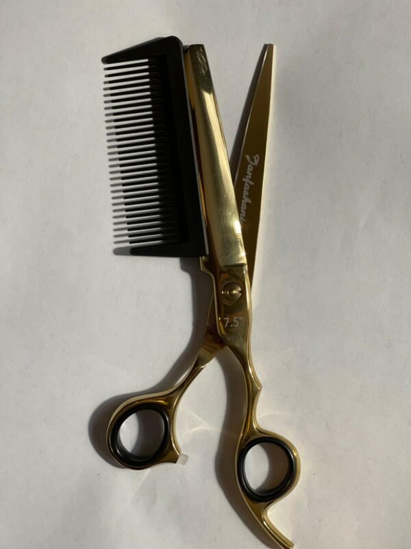 7-inch-professional-barber-scissors-stainless-steel-razor-edge.jpg  "Close-up of professional 7-inch barber scissors with silver stainless steel blades and an ergonomic offset handle."  barber-using-7-inch-shears-for-scissor-over-comb.jpg "Professional barber performing a scissor-over-comb technique using 7-inch hair cutting shears."  razor-edge-hollow-ground-blade-detail.jpg "Macro shot of the hand-honed razor edge on high-carbon steel barber scissors."