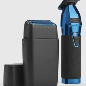 BaBylissPRO LimitedFX Black & Blue Trimmer and Double Foil Shaver Set FXDUOFS2TBL professional cordless barber grooming kit with blue titanium T-blade and double foil shaver.