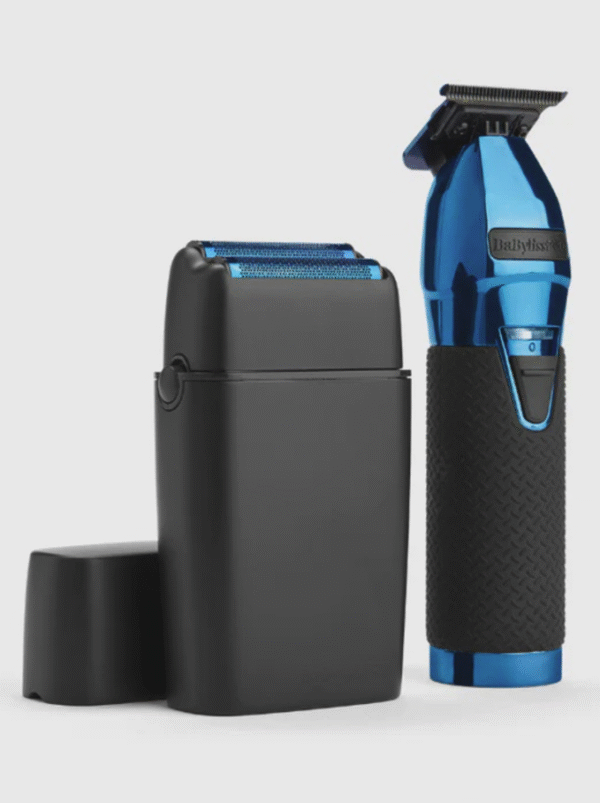 BaBylissPRO LimitedFX Black & Blue Trimmer and Double Foil Shaver Set FXDUOFS2TBL professional cordless barber grooming kit with blue titanium T-blade and double foil shaver.