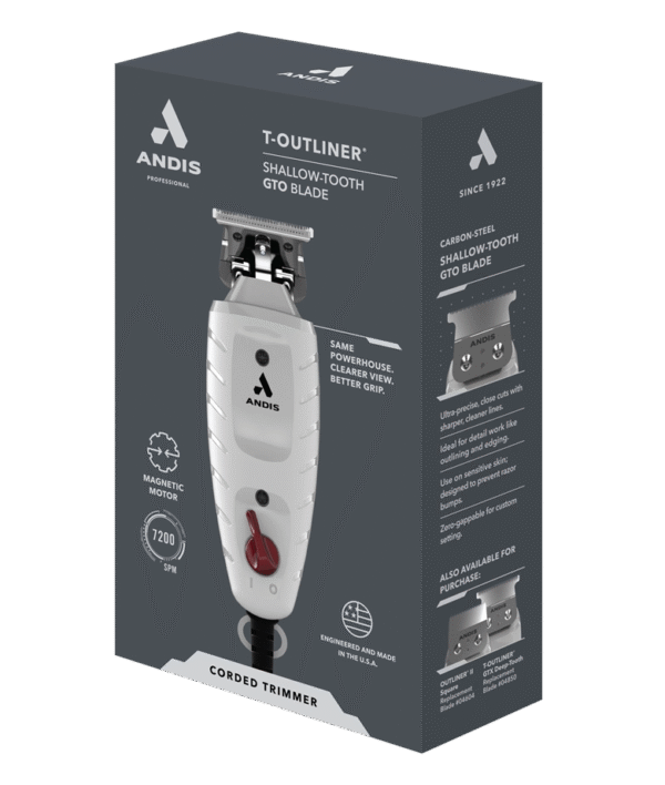 ANDIS T-Outliner Professional Hair Trimmer with carbon-steel T-blade for precision outlining, beard detailing, line-ups, and professional barber grooming.